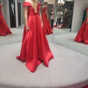satin red off the shoulder prom dress
